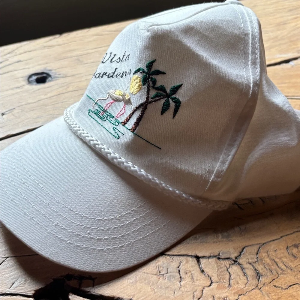 Vintage 80s White Vista Gardens Cap with Embroidered Flamingo Palm Trees